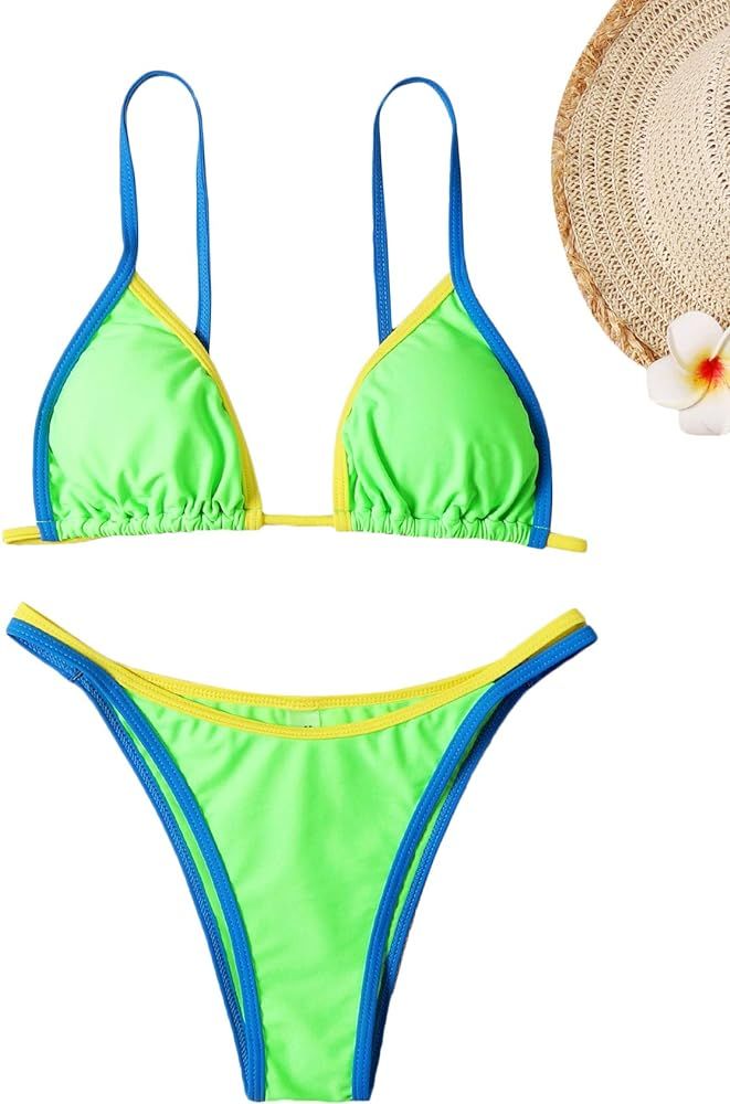 WDIRARA Women's Two Tone Halter Tie Side 2 Piece Bikini Set Swimsuit | Amazon (US)