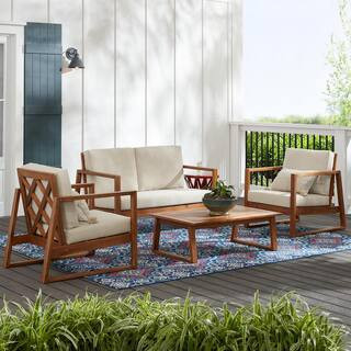 Hampton Bay Willow Glen Farmhouse 4-Piece Wood Outdoor Patio Conversation Seating Set with Teak F... | The Home Depot