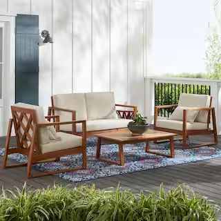 Hampton Bay Willow Glen Farmhouse 4-Piece Wood Outdoor Patio Conversation Seating Set with Beige ... | The Home Depot