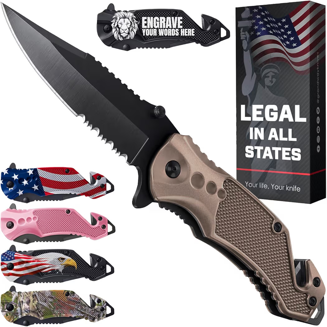 GOOD WORKER Legal Pocket Knife with 2.95” Serrated Blade, Glass Breaker, Seat Belt Cutter - EDC... | Amazon (US)