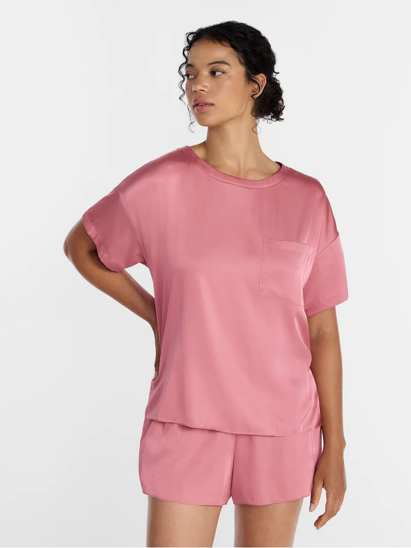 Joyspun Women\u2019s Short Sleeve Stretch Satin Top and Shorts Pajama Set, 2-Piece, Sizes XS-3X | Walmart (US)