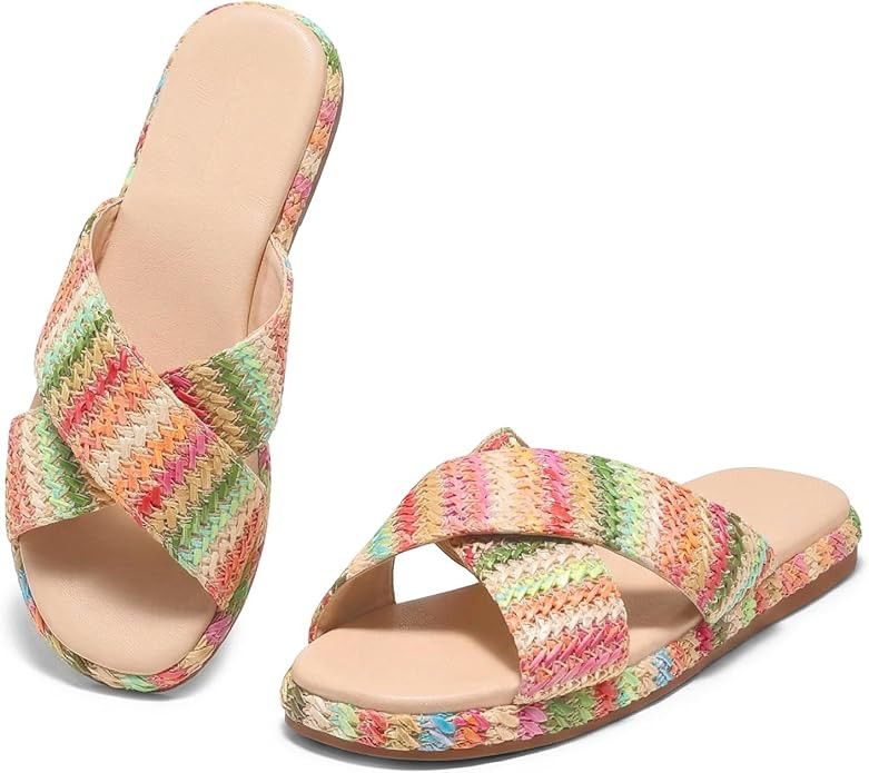 Amazon.com | Coutgo Womens Flat Sandals Espadrilles Raffia Open Toe Slides Cross Strap Slip On Su... | Amazon (US)