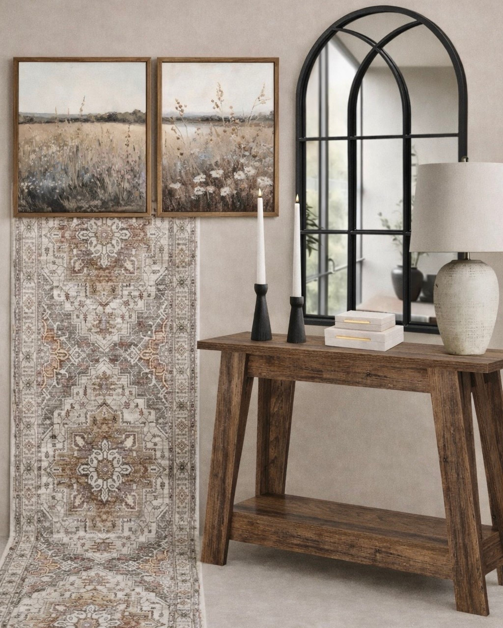 Amazon Home Finds. Follow @farmtotablecreations on Instagram for more inspiration. 

Wooden console table. Arch wall mirror, vintage runner rug, taper candle holders. Distressed, ceramic jar, table lamp, vintage inspired wall, art storage boxes. 

Entryway. Console decor. Framed art. Living Room. Living Room Decor. Cozy Corner. Amazon Home. Etsy Home Finds. Abstract framed wall art. Scalloped bowl. Amazon budget friendly. Amazon decor. 



#LTKHome #LTKSaleAlert