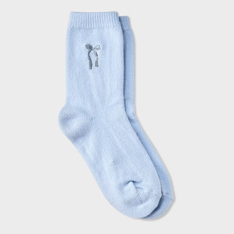 Girls' Embroidered Bow Sweater Crew Socks - Cat & Jack™ Blue | Target