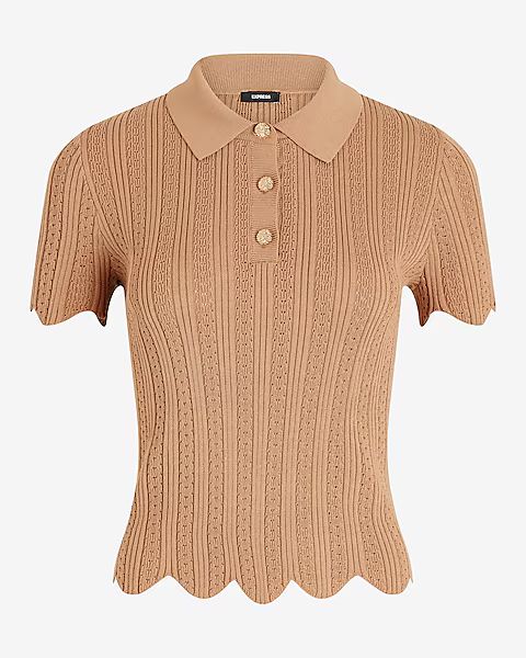Ribbed Scalloped Novelty Button Short Sleeve Polo Sweater | Express
