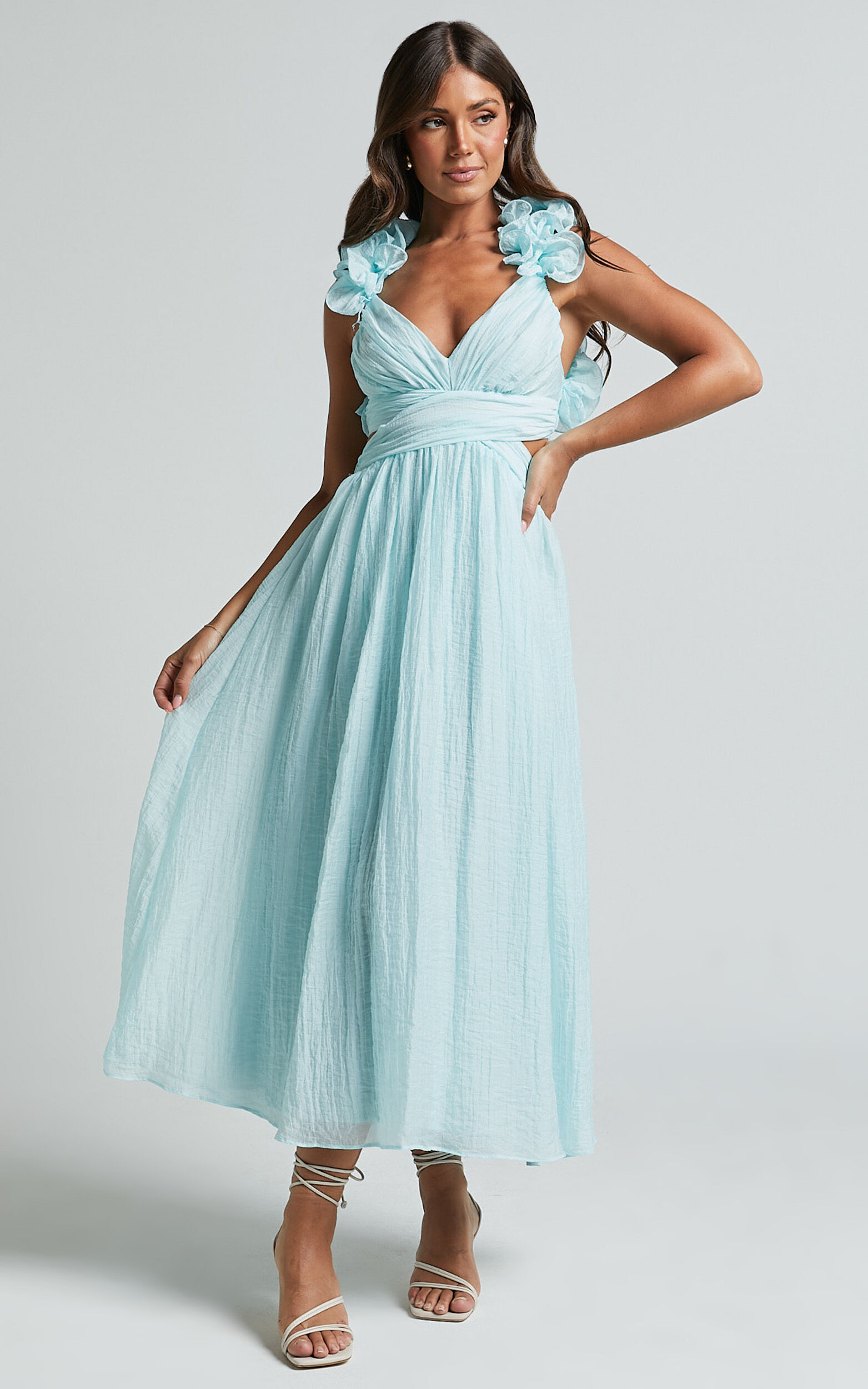 Marielly Maxi Dress - Side Cut Out V Neck Ruffle Detail Sleeve Dress in Pale Blue | Showpo (US, UK & Europe)