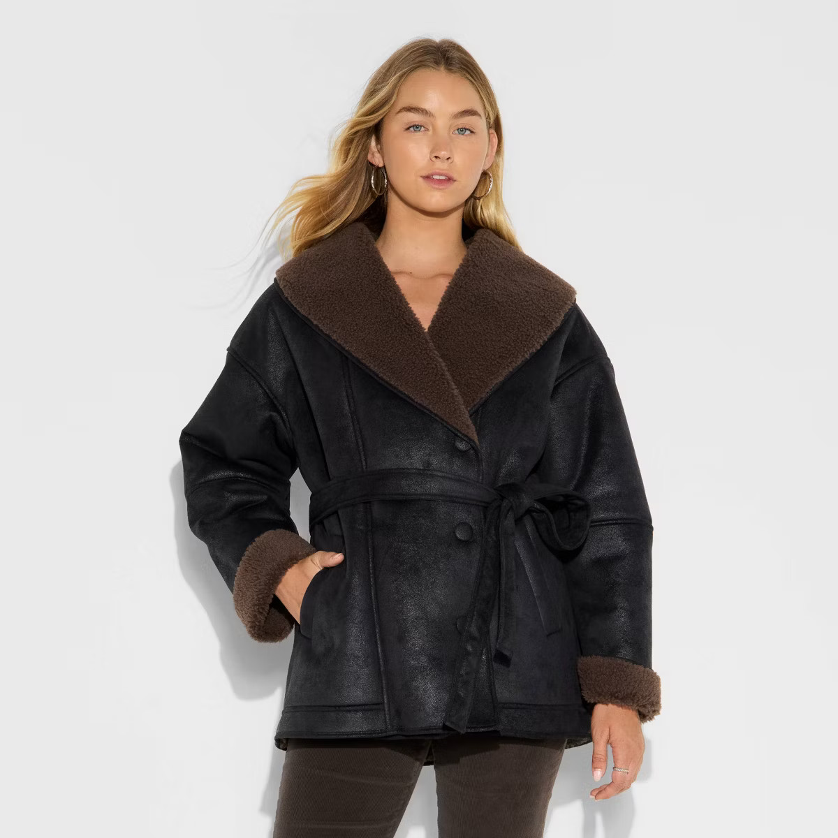 Women's Shawl Collar Shearling Coat - Wild Fable™ Black M | Target