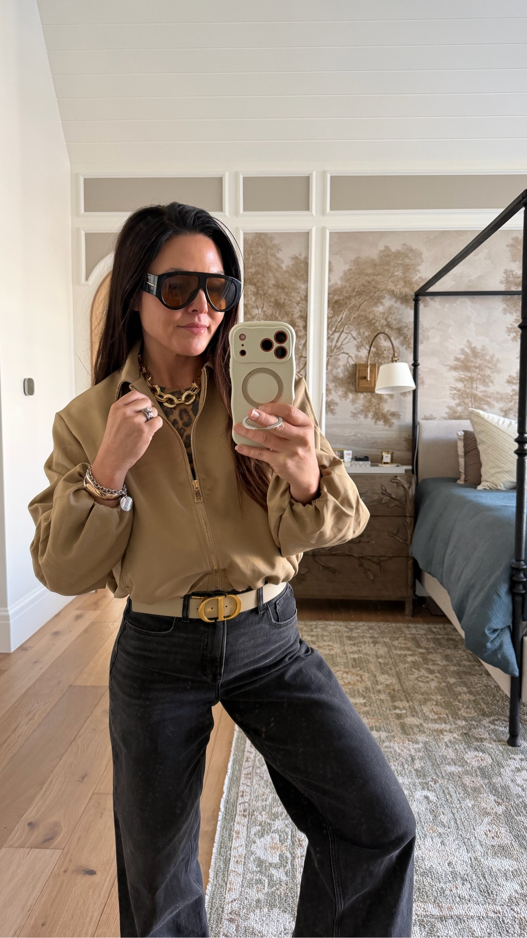 Causal day date elevated bomber jacket, leopard print t shirt, chunky gold necklace. Stretchy control front black faded jeans, sneakers 

#LTKSaleAlert #LTKOver40