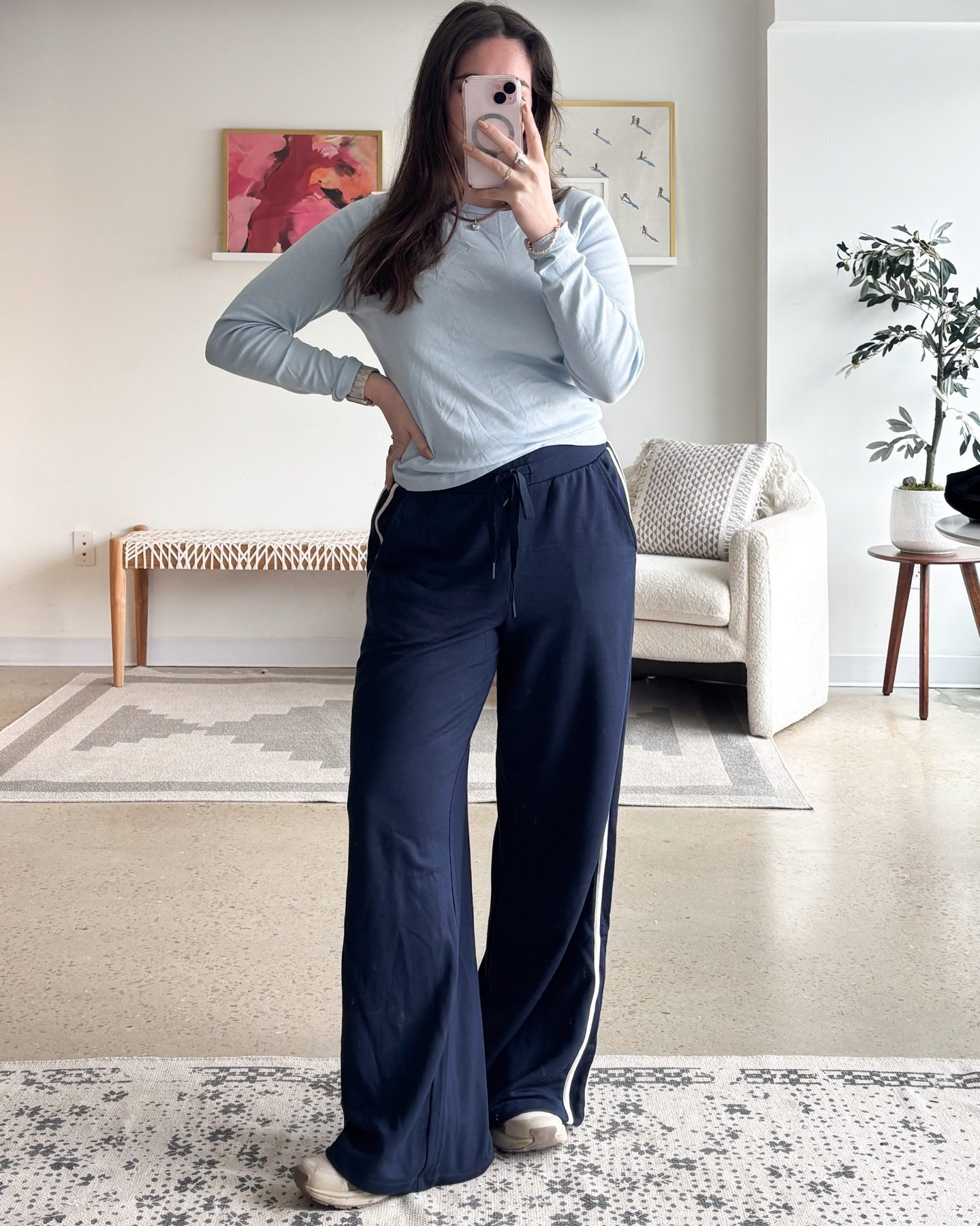 The track pants I keep reaching for. So soft (truly). Love them styled monochrome or paired with a rich chocolate brown. They feel like pajamas but look put-together. I swear ZSupply makes the softest stuff. Wearing a size M.
