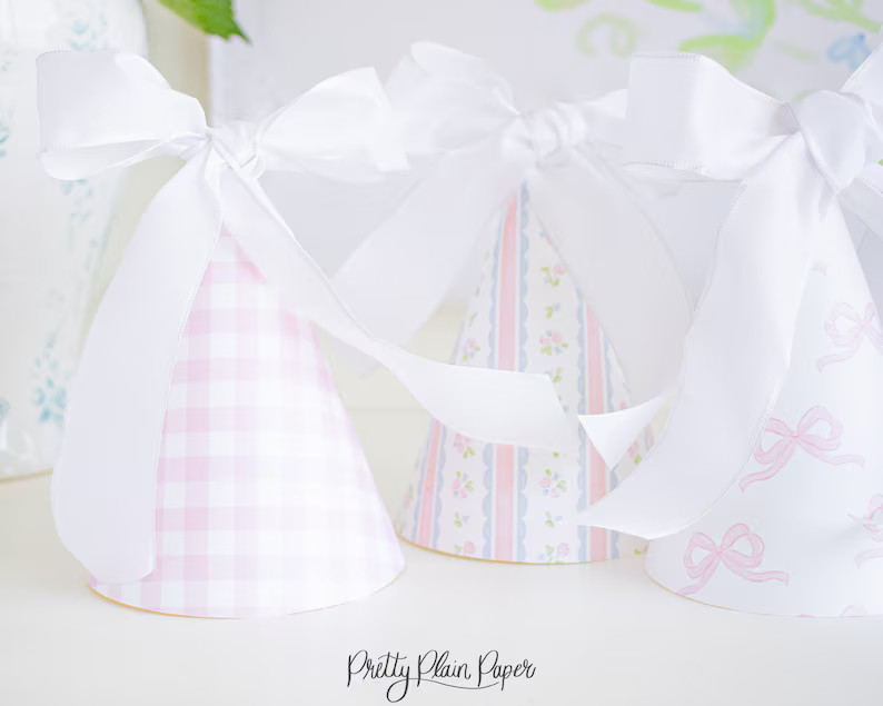 Pattern Party Hat Set | Printable Download | Watercolor Pink Bows, Gingham, Blue Floral Pattern |... | Etsy (US)