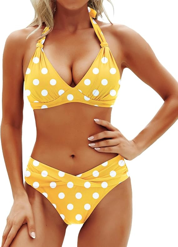 Yonique Women Two Piece Bathing Suits Push Up Bikini Set Halter Swimsuit Vintage Swimwear | Amazon (US)