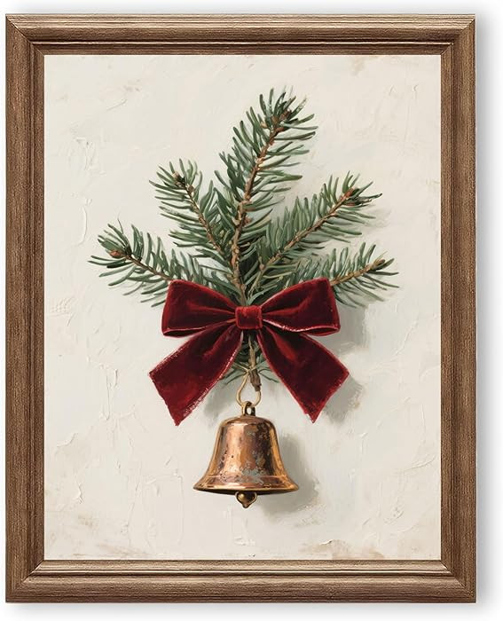 ZLKAPT Minimalist Christmas Bell Print with Pine and Red Bow Ribbon, Neutral Wall Art, Rustic Mod... | Amazon (US)