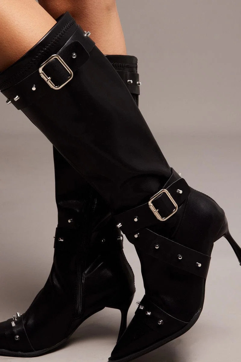 Black Studded Strap Heeled Knee Boots | Ally Fashion (US, Australia & New Zealand)