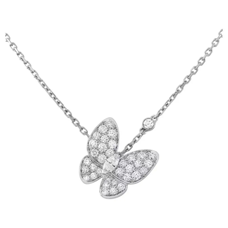 Van Cleef and Arpels Two Butterfly Pendant Necklace with Diamonds .88cts | 1stDibs