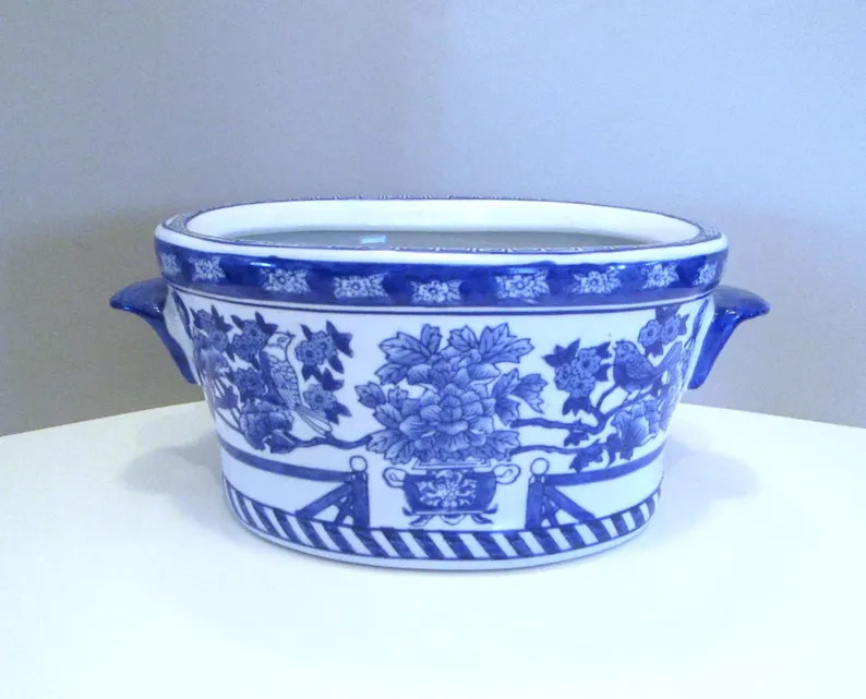 Blue and white footbath porcelain planter 11 inches long | Etsy (Global)