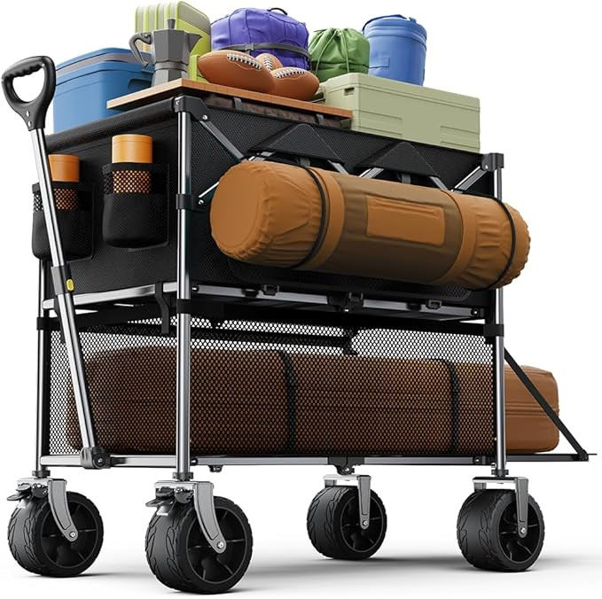 Collapsible Wagon Double Decker, Large Capacity Foldable Wagons Carts Dark Black | Amazon (US)