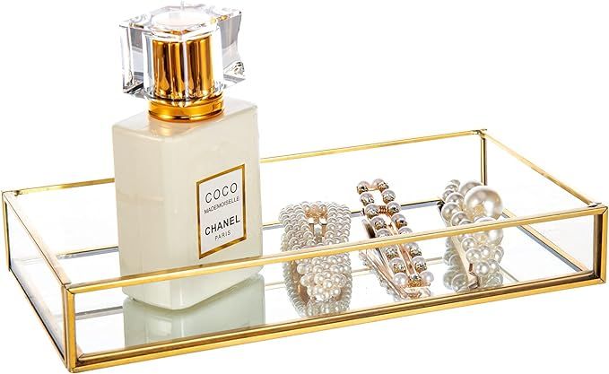 Feyarl Gold Clear Glass Vanity Tray Jewelry Trinket Rings Earrings Organizer Perfume Collection D... | Amazon (US)
