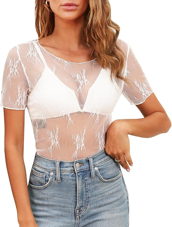 Aoulaydo lace Long Sleeve top for Women mesh Layering top Mock Neck Floral See Through Tops | Amazon (US)