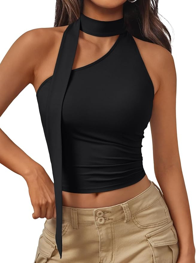 Trendy Queen Womens Going Out Summer One Shoulder Halter Crop Top Fashion Sexy Tie Shirts Cute Cl... | Amazon (US)