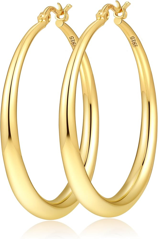 Silver Hoops Earrings for Women Hypoallergenic 925 Sterling Silver 14K Gold Plated Hoop Earrings ... | Amazon (US)