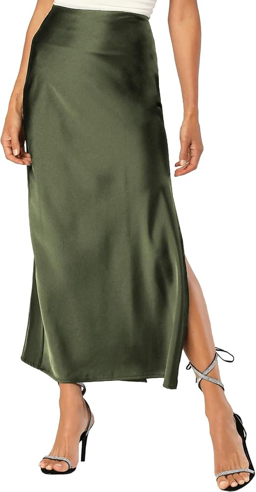 Womens Satin Silk Maxi Slit Skirt Elastic Waistband Maxi Long Satin Slit Skirts for Women | Amazon (US)