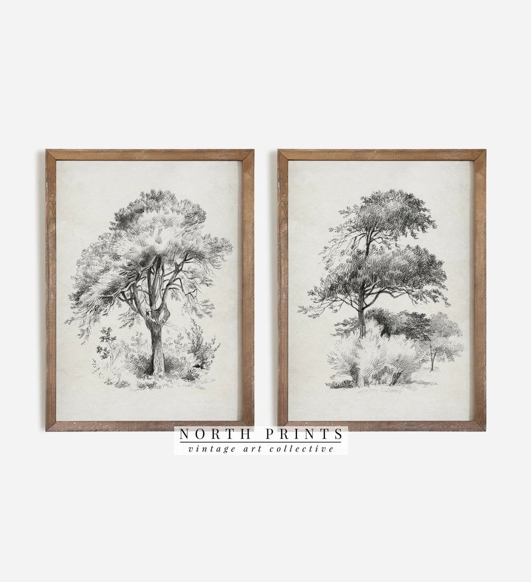 Rustic Tree Drawing Print SET of Two  Neutral Landscape Wall - Etsy | Etsy (US)