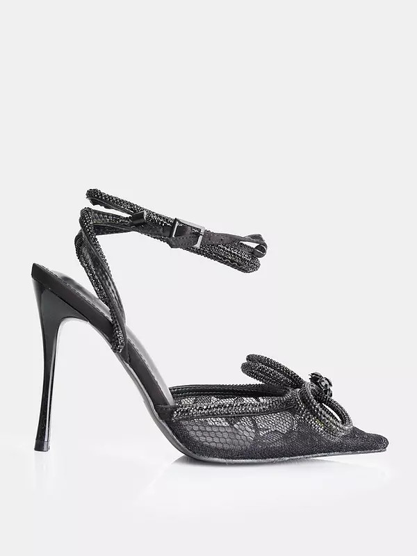 Public Desire Midnight Diamante Bow Lace Heels - Black | Very (UK)