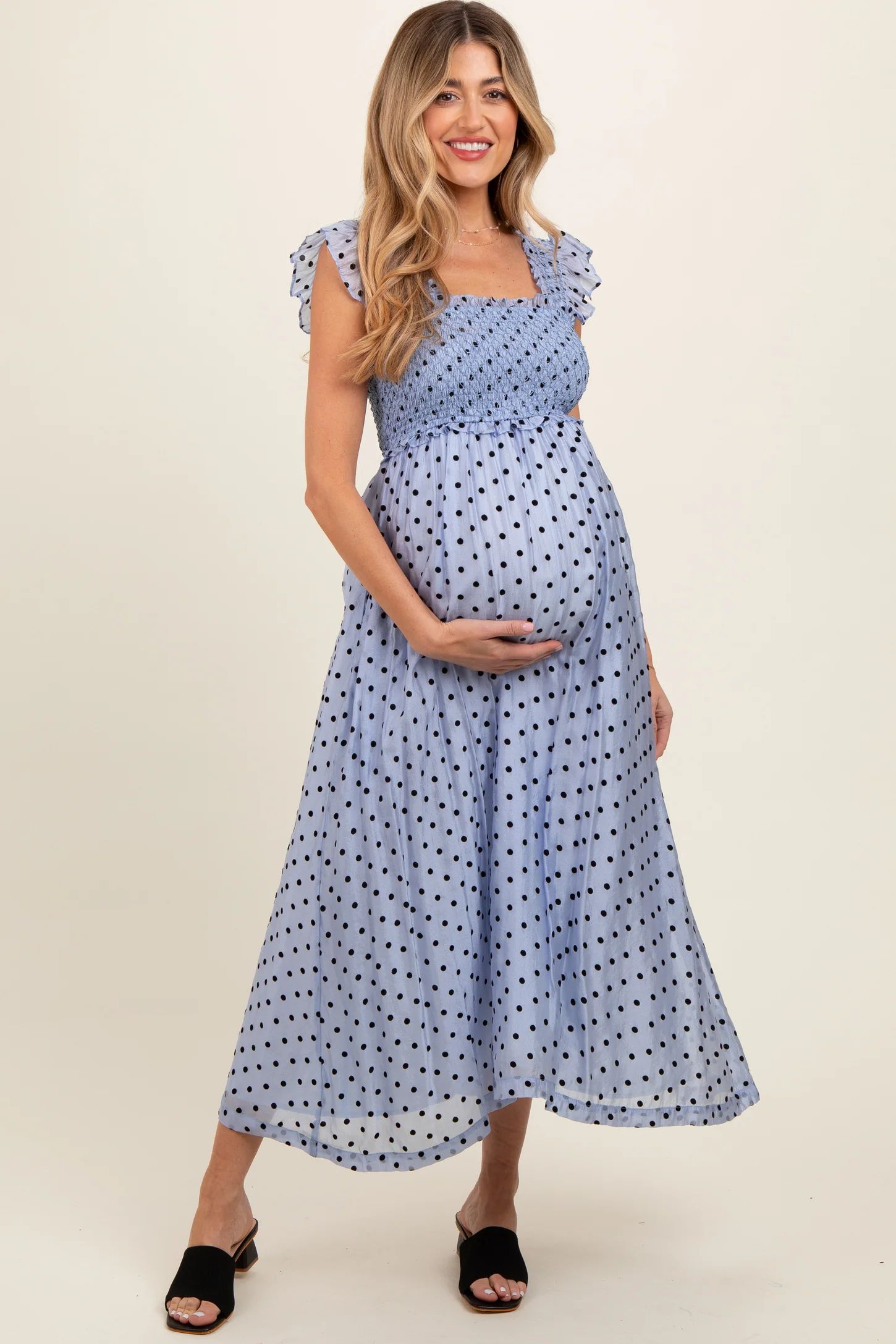 Blue Polka Dot Smocked Maternity Midi Dress | PinkBlush Maternity