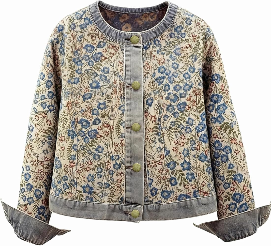 Women's Denim Bomber Jacket Long Sleeve Round Neck Jacquard Jean Coat Vintage Coat Outerwear | Amazon (US)