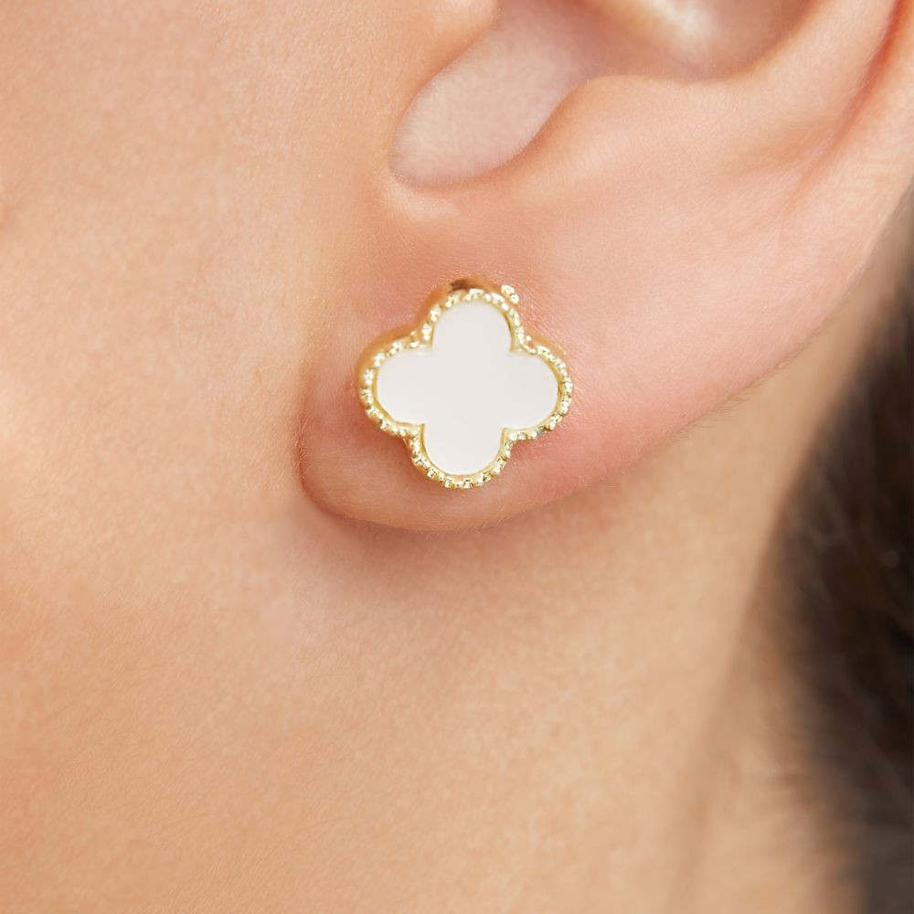 Flower Detail Stud Earrings In White And Gold | EGO (UK)