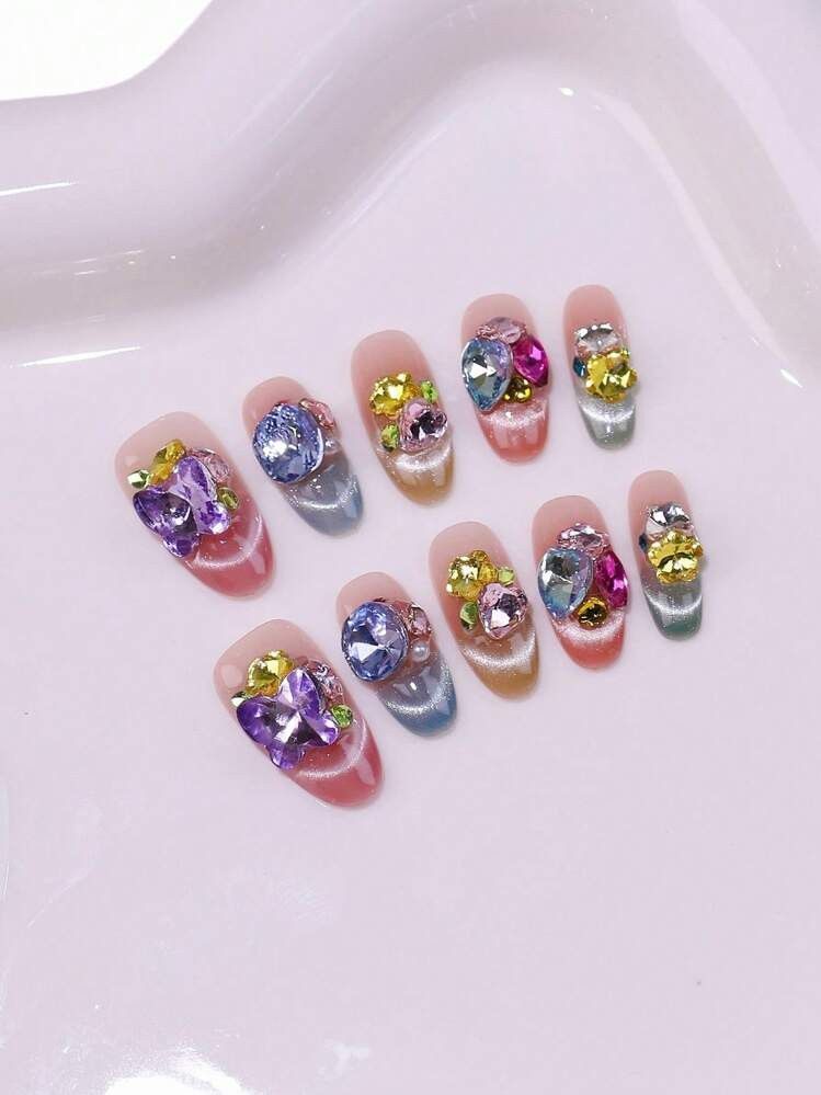 10Pcs Medium Oval Handmade Press On Nails Kit, Colorful Full Coverage Fake Nails, Rhinestone Suga... | SHEIN