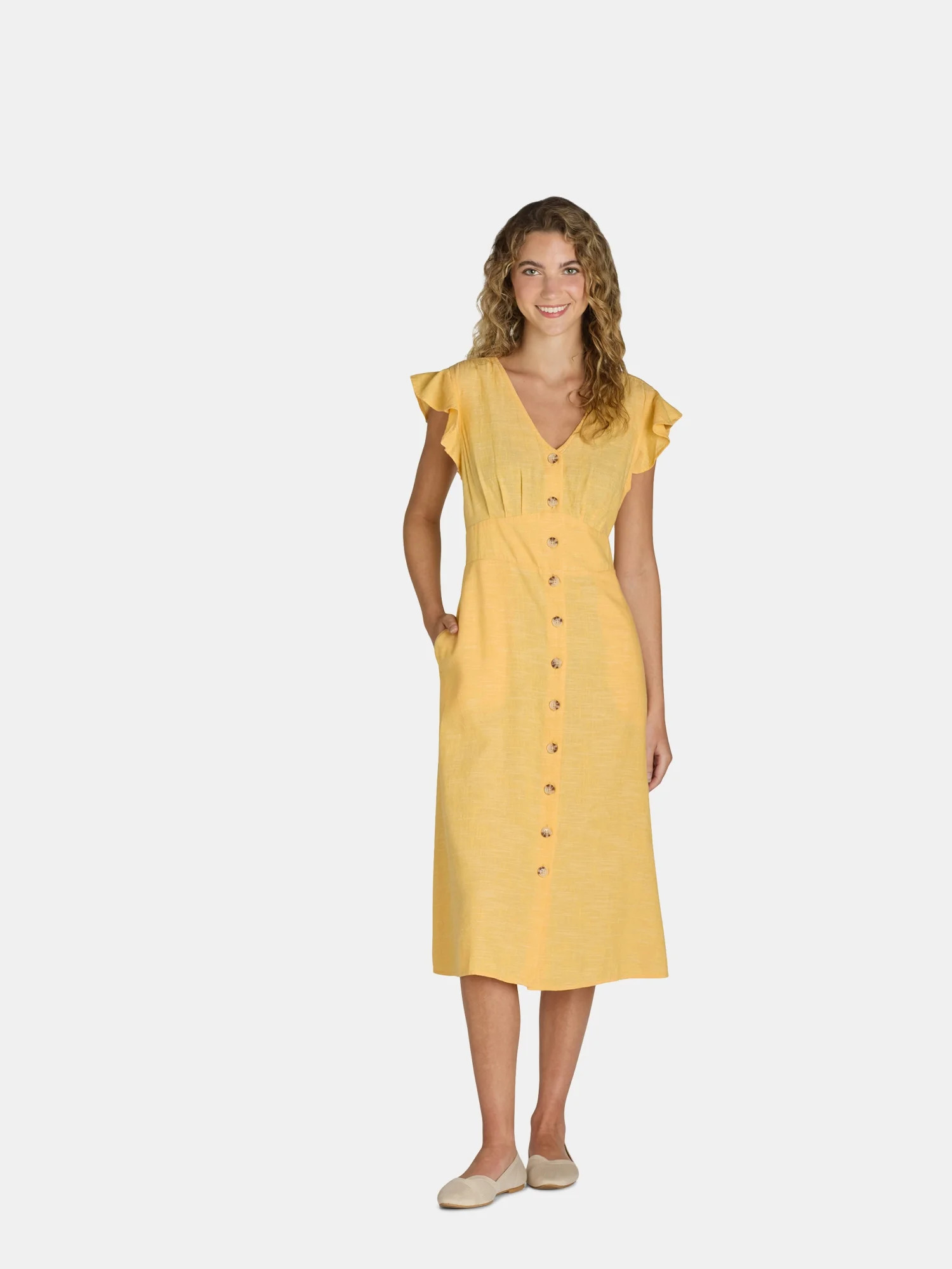 Time and Tru Women's and Women's Plus Midi Dress with Flutter Sleeves, Sizes XS-4X - Walmart.com | Walmart (US)