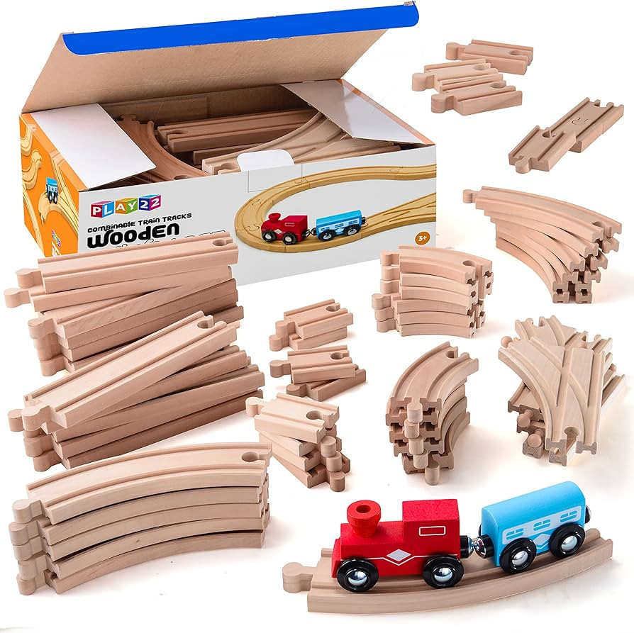 Amazon.com: Play22 Wooden Train Tracks - 52 PCS + 2 Bonus Car Toy Trains - for Kids is Compatible... | Amazon (US)