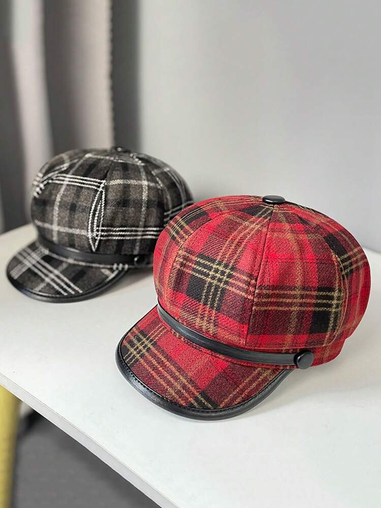 1pc Women's Pullable Red Beret Hat, Retro British Plaid Newsboy Cap, Warm Artistic Duck Tongue Pa... | SHEIN