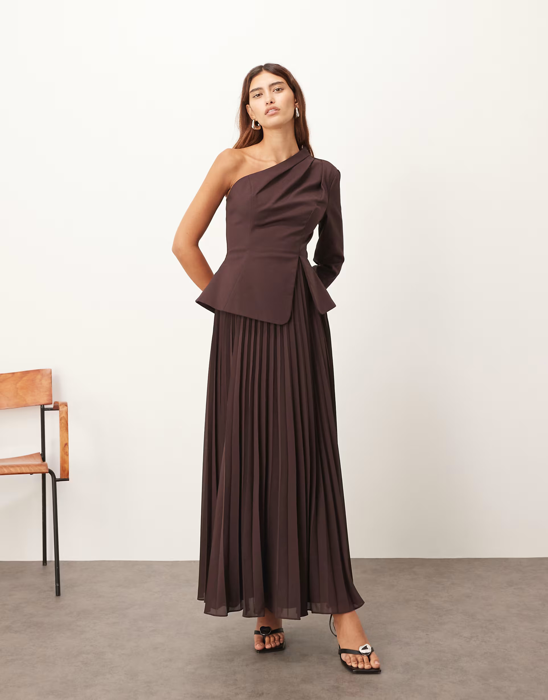 ARRANGE sculpted one shoulder maxi dress with micro pleated hem in chocolate | ASOS (Global)