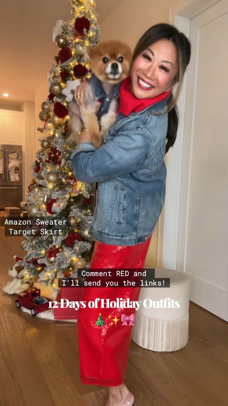 Holiday outfit, target red sequin skirt, Amazon red sweater, denim jacket, all size small, skirt I could have sized down, affordable holiday outfits, holiday dresses up, 

#LTKHoliday #LTKfindsunder100 #LTKSeasonal