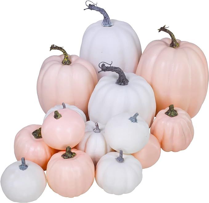 14 pcs Assorted Harvest Artificial White and Pink Pumpkins Decorative Pumpkins Faux Foam Pumpkins... | Amazon (US)