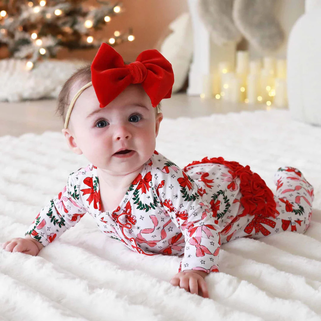 Wrapped In A Bow Ruffle Zipper Footie* | Caden Lane