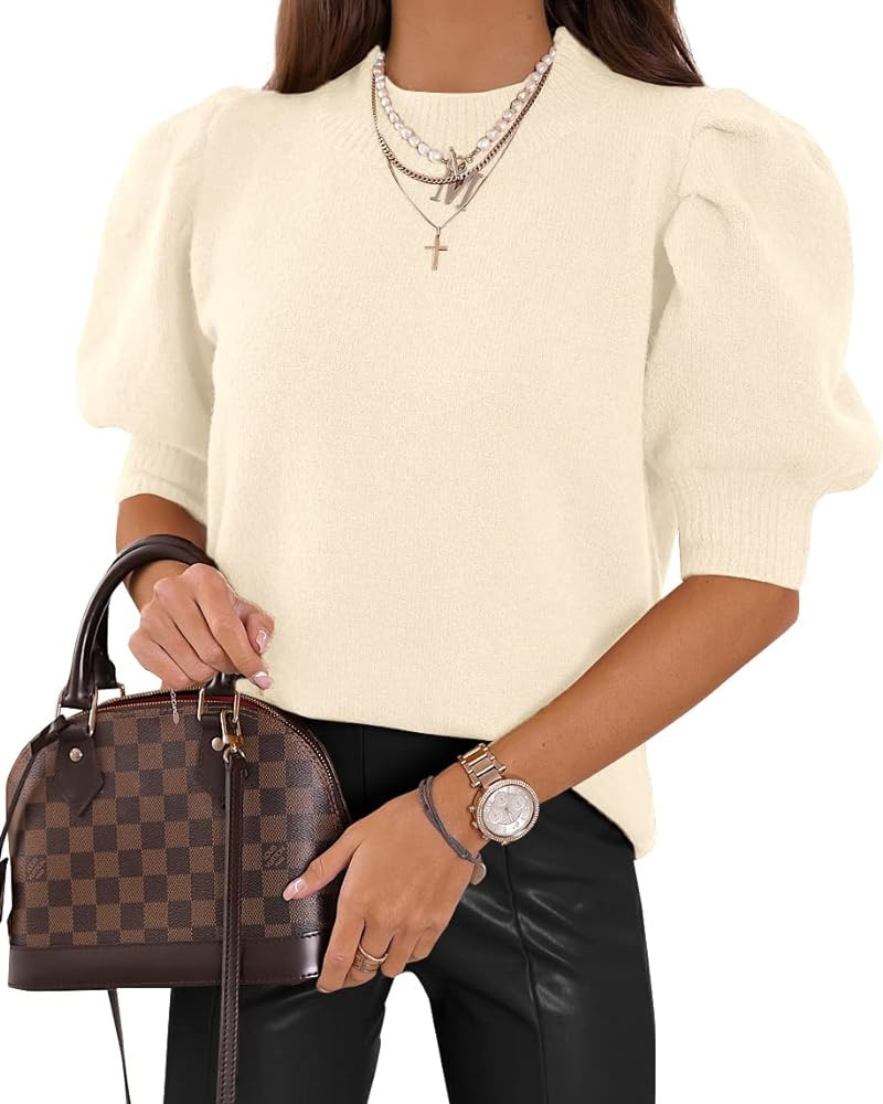 Women's Puff Short Sleeve Sweater Tops 2023 Spring Summer Trendy Crew/Square/V Neck Casual T Shir... | Amazon (US)