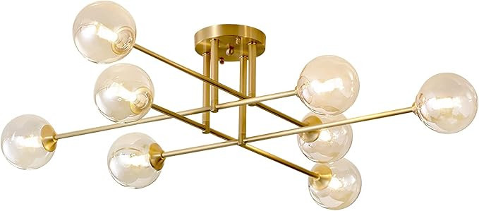 Gold Mid Century Modern Sputnik Flush Mount Ceiling Light 8-Lights Amber Glass Globe Sputnik Chan... | Amazon (US)