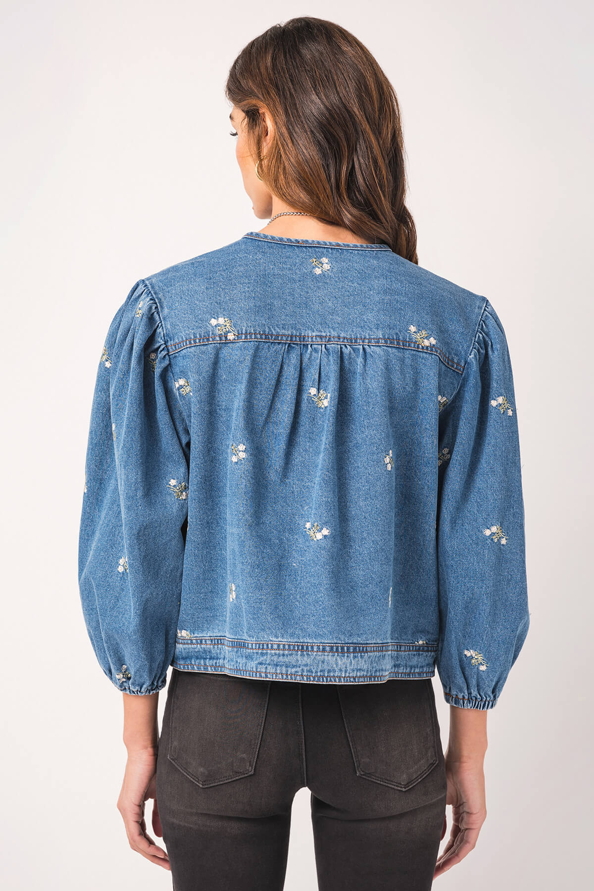 Heyson Embroidered Denim Jacket with Puff Sleeves | Social Threads