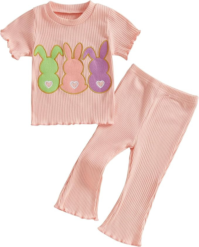 Infant Baby Girl Easter Outfit Knit Ruffle Short Sleeve Shirts with Pants Set Toddler Baby Girl B... | Amazon (US)