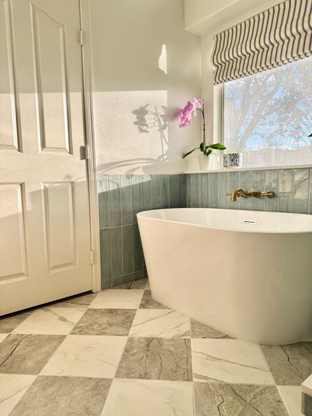 Bathroom ideas. Checkered floor. Checkerboard floor. Gray and white checkered floor. Bathroom remodel ideas with standing tub.

#LTKhome #LTKSeasonal #LTKsalealert
