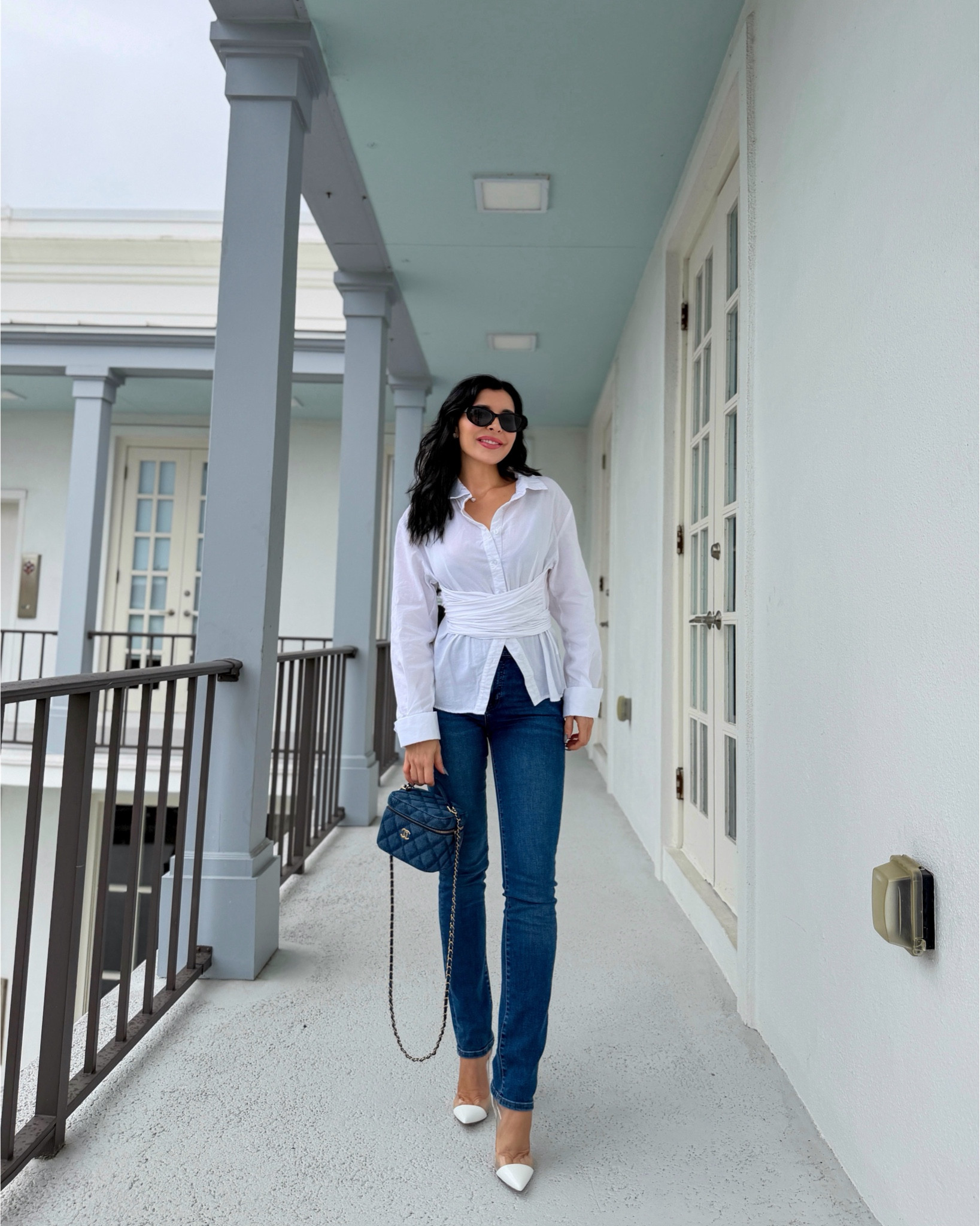 White cinch waist workwear blouse and jeans 

#LTKgrwm #LTKWorkwear #LTKootd