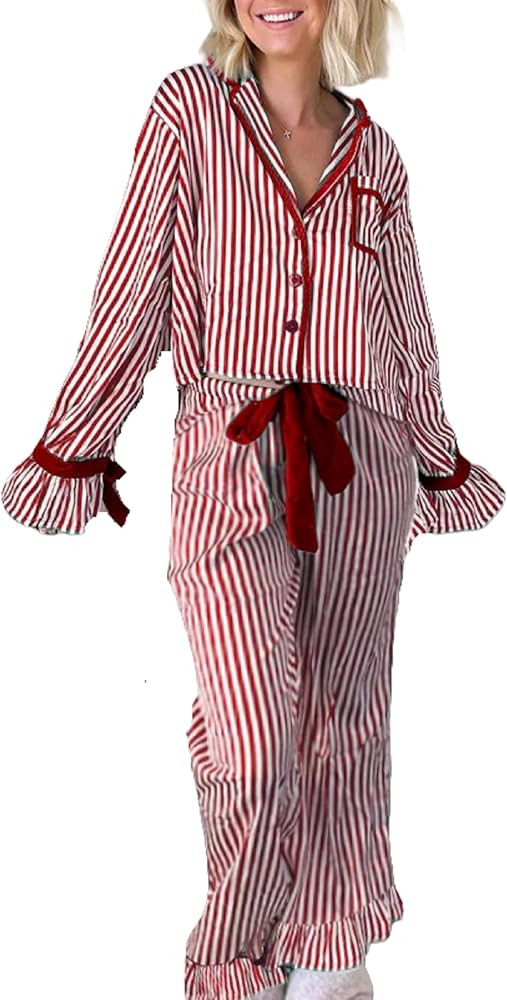 Luckinbaby Women Christmas Satin 2 Piece Pajamas Set Bow Tie Long Sleeve Shirts Pants Santa Claus... | Amazon (US)