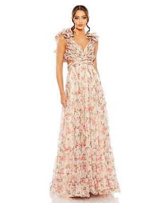 Mac Duggal Women's Ruffle Tiered Cut-Out Chiffon Floral Gown - Macy's | Macy's