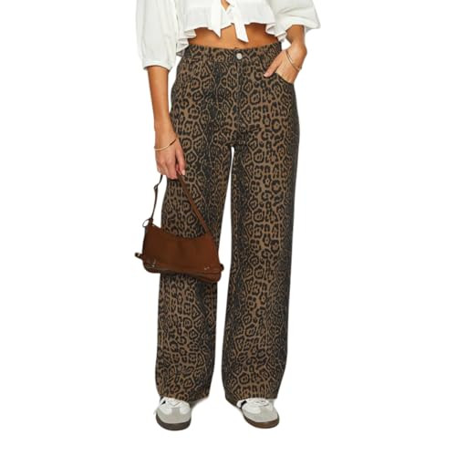 Women's Y2K Oversized Baggy Leopard Print Wide Straight Leg Jeans Stretchy High Waisted Cheetah Cargo Denim Pants (Dark Leopard,Small,Small) | Amazon (US)