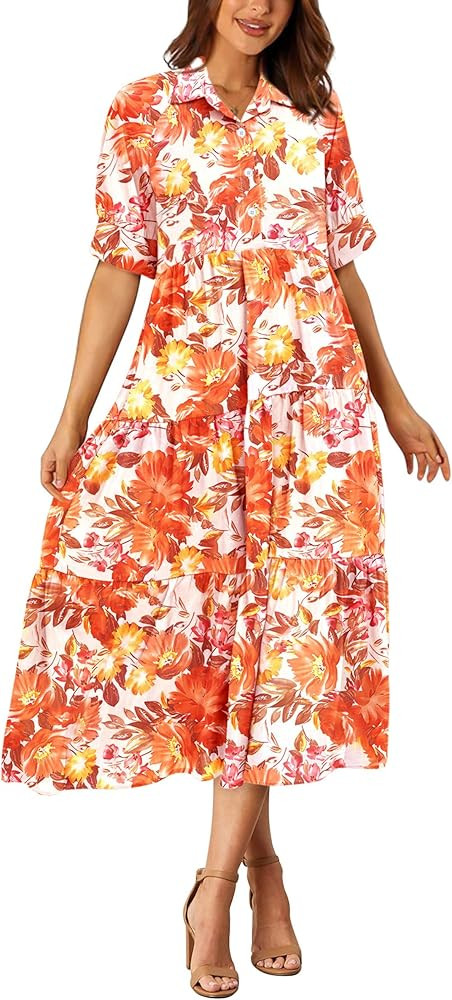 PRETTYGARDEN Summer Dress for Women Short Sleeve Button Up Ruffle A Line Flowy Maxi Dresses | Amazon (US)