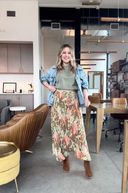 Cozy but chic outfit for coworking featuring a floral maxi skirt, cropped sweater, and Jean jacket 

#LTKfindsunder100 #LTKtravel #LTKstyletip