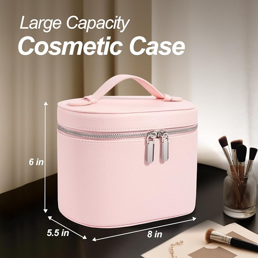 Cosmetic Case, Leather Makeup Bag, Portable Handheld Makeup Case, Detachable Compartments | Amazon (US)